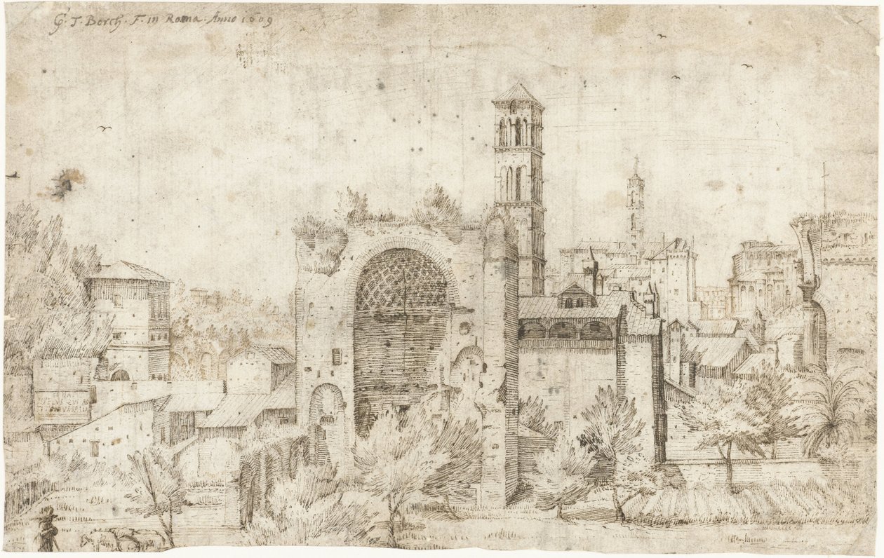 Utsikt over apsis til Venus- og Roma-tempelet og klosteret S. Maria Nova, Roma av Gerard ter Borch