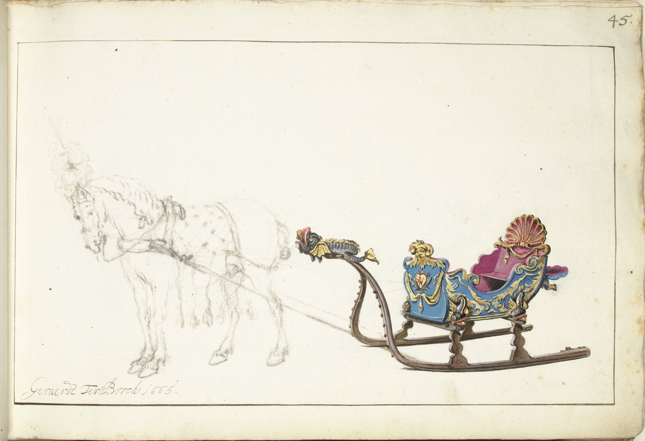 Hest og slede av Gerard ter Borch (II) (signed by artist)