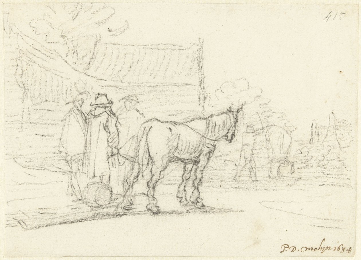 Tre menn ved siden av en hest og slede av Gerard ter Borch (II)