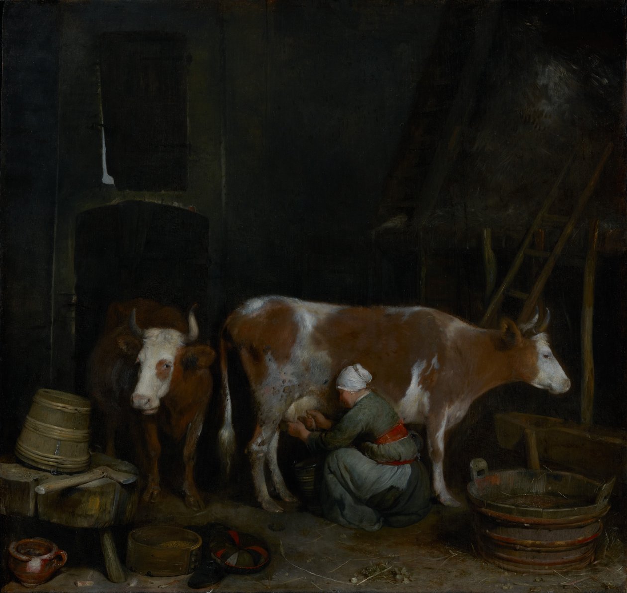 En tjenestejente melker en ku i en låve av Gerard ter Borch