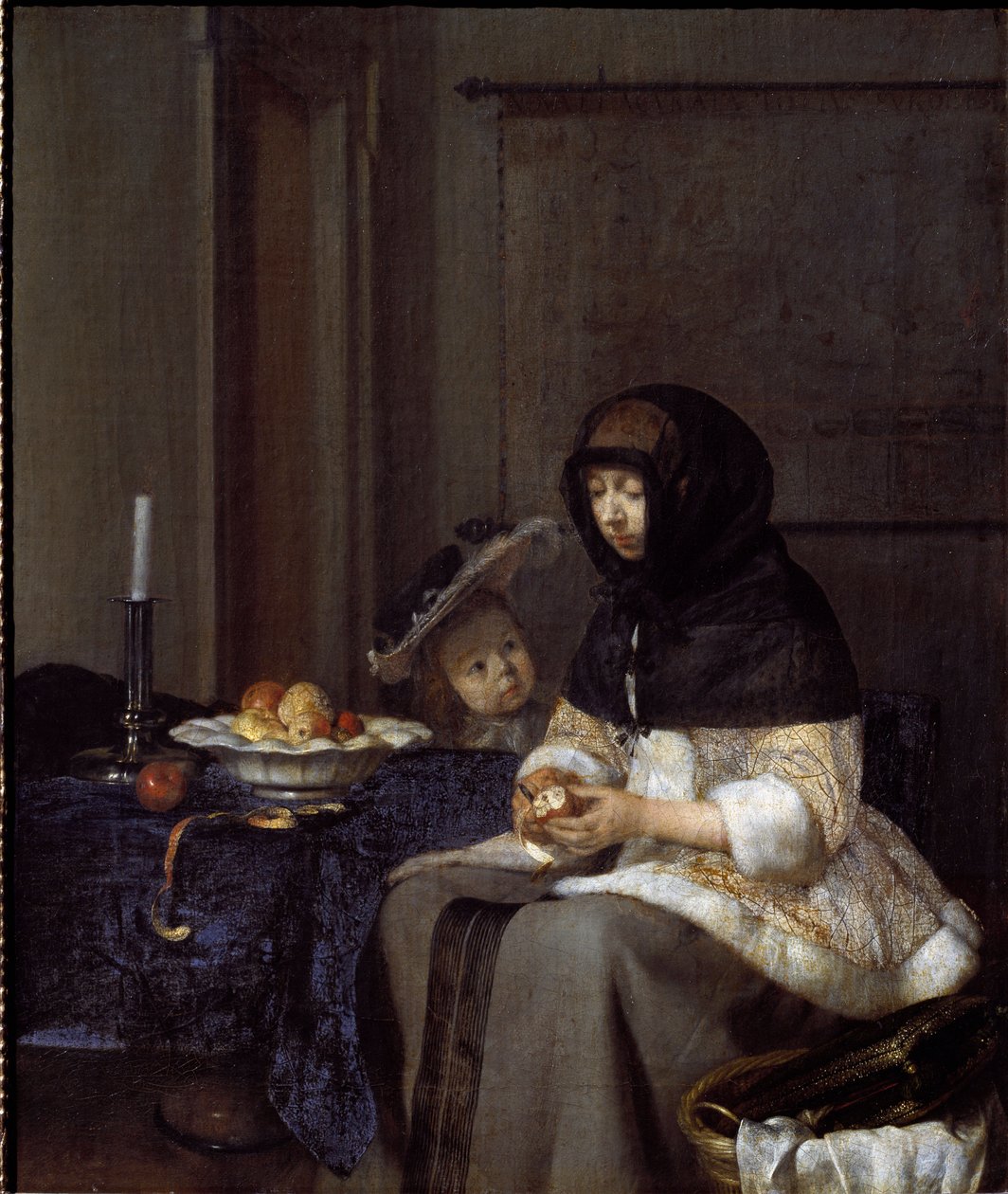 En mor som skreller et eple (olje på lerret av Gerard ter Borch