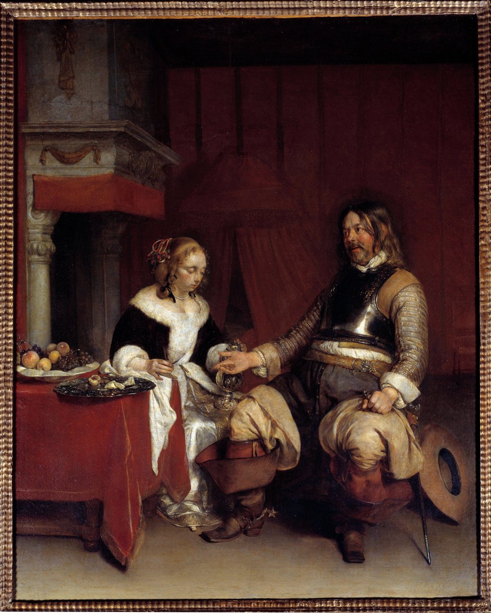 The Military Gallant eller Young Woman som en mann tilbyr penger til. Maleri av Gerard Ter Borch (1617-1681), nederlandsk av Gerard ter Borch