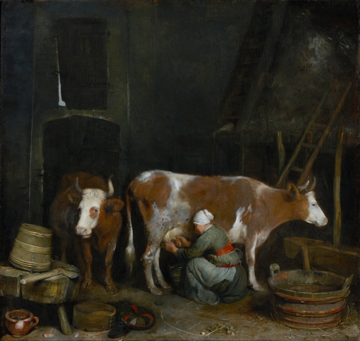 En hushjelp som melker en ku i en låve, ca. 1652-54 (olje på panel) av Gerard ter Borch