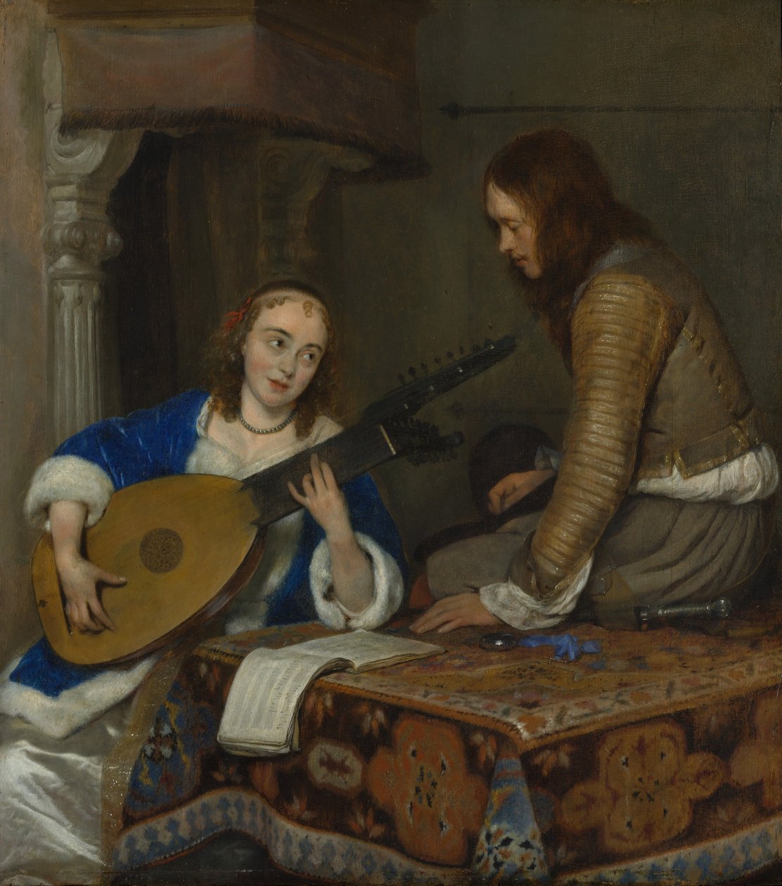 En kvinne som spiller teorbo-lutten og en kavaler, ca. 1658 av Gerard ter Borch