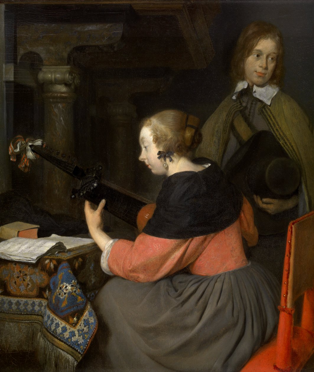 En lutspiller (olje på panel) av Gerard ter Borch or Terborch