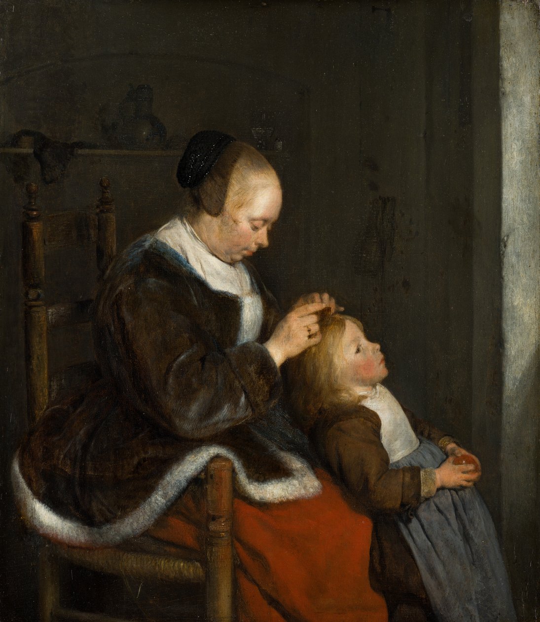 Mor som gremmer sitt barns hår, kjent som jakt på lus, ca. 1652-1653 av Gerard ter Borch