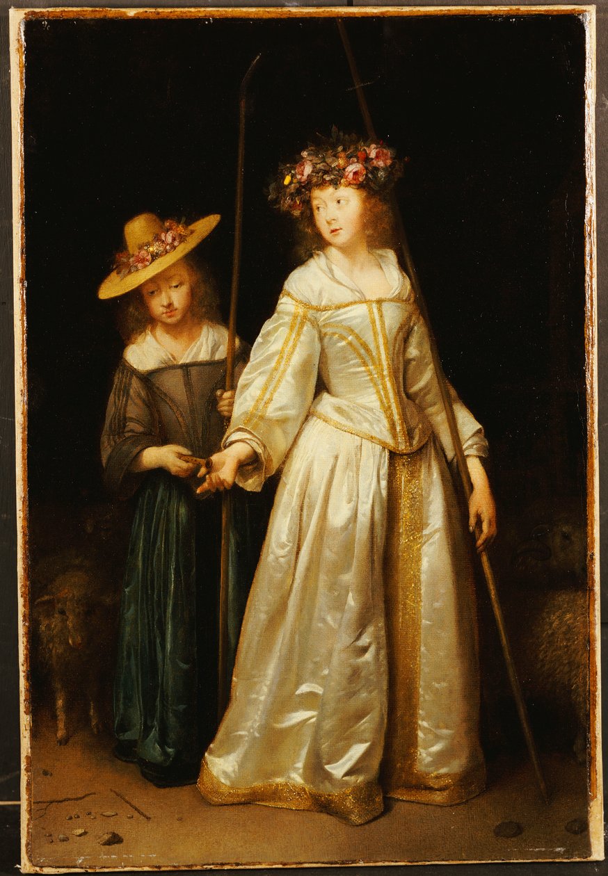 Kunstnerens stesøster, med sin yngre søster Catharina som ga henne en fløyte, 1651 av Gerard ter Borch