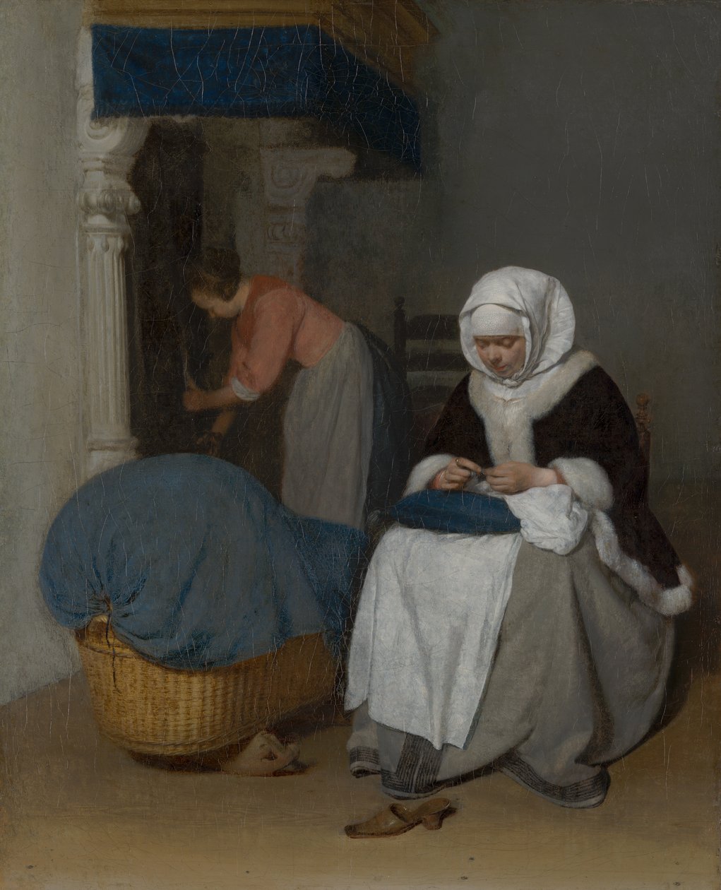 Kvinne som syr ved siden av en vugge, ca. 1656 av Gerard ter Borch