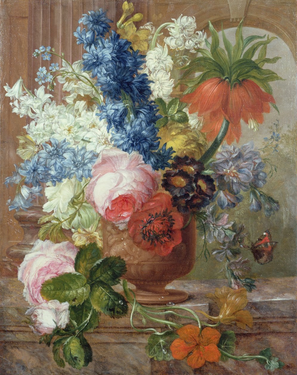 Roser, delphiniums, anemone, nasturtium og en keiserlilje i en skulpturert urne på en marmorhylle (olje på lerret) av Gerard van (after) Spaendonck