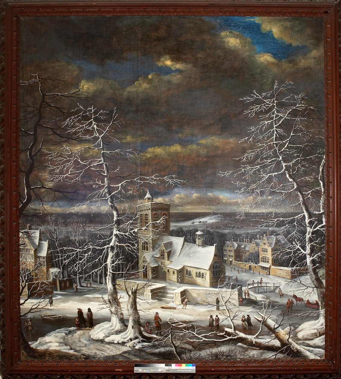 En landsby om vinteren med figurer på isen (olje på lerret) av Gerard van Edema