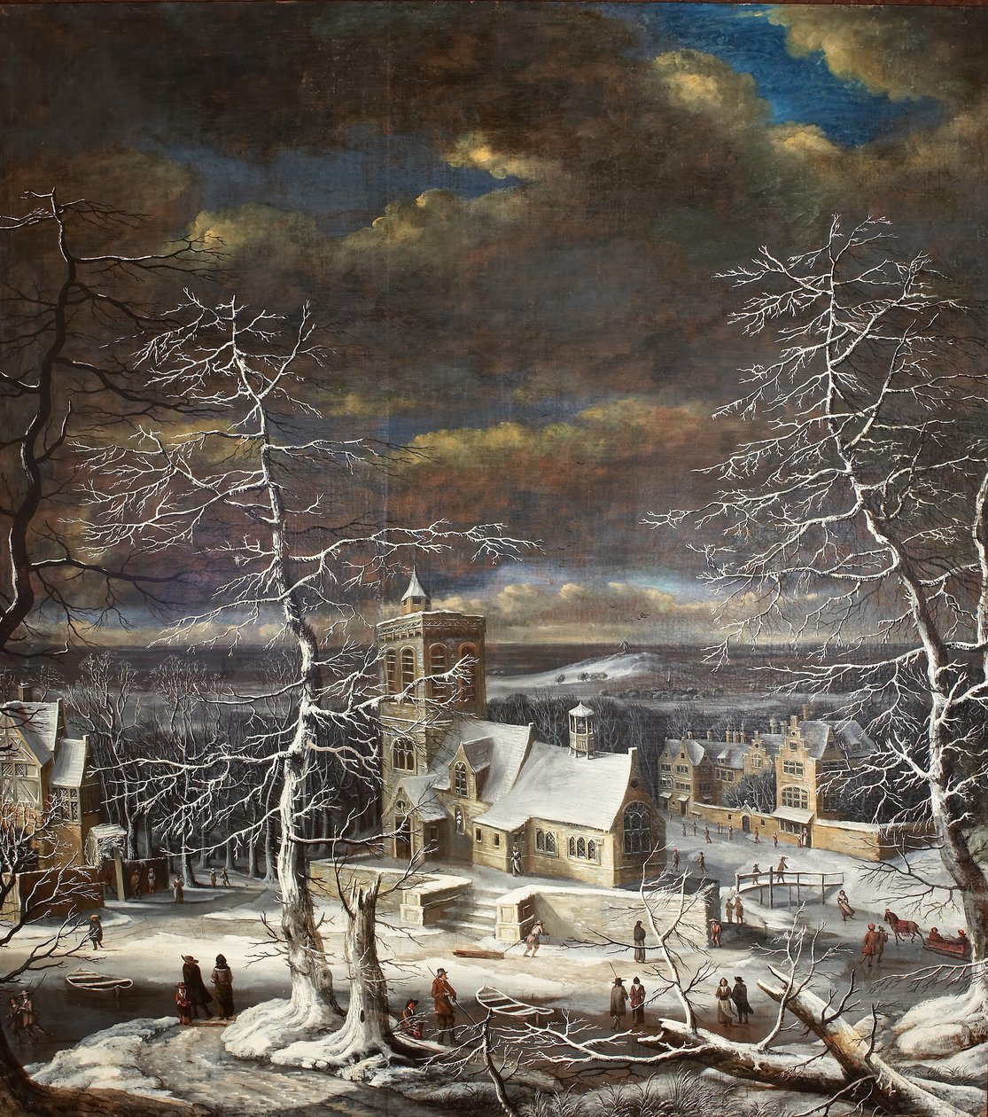 En landsby om vinteren i et omfattende landskap med figurer på isen (olje på lerret) av Gerard van Edema