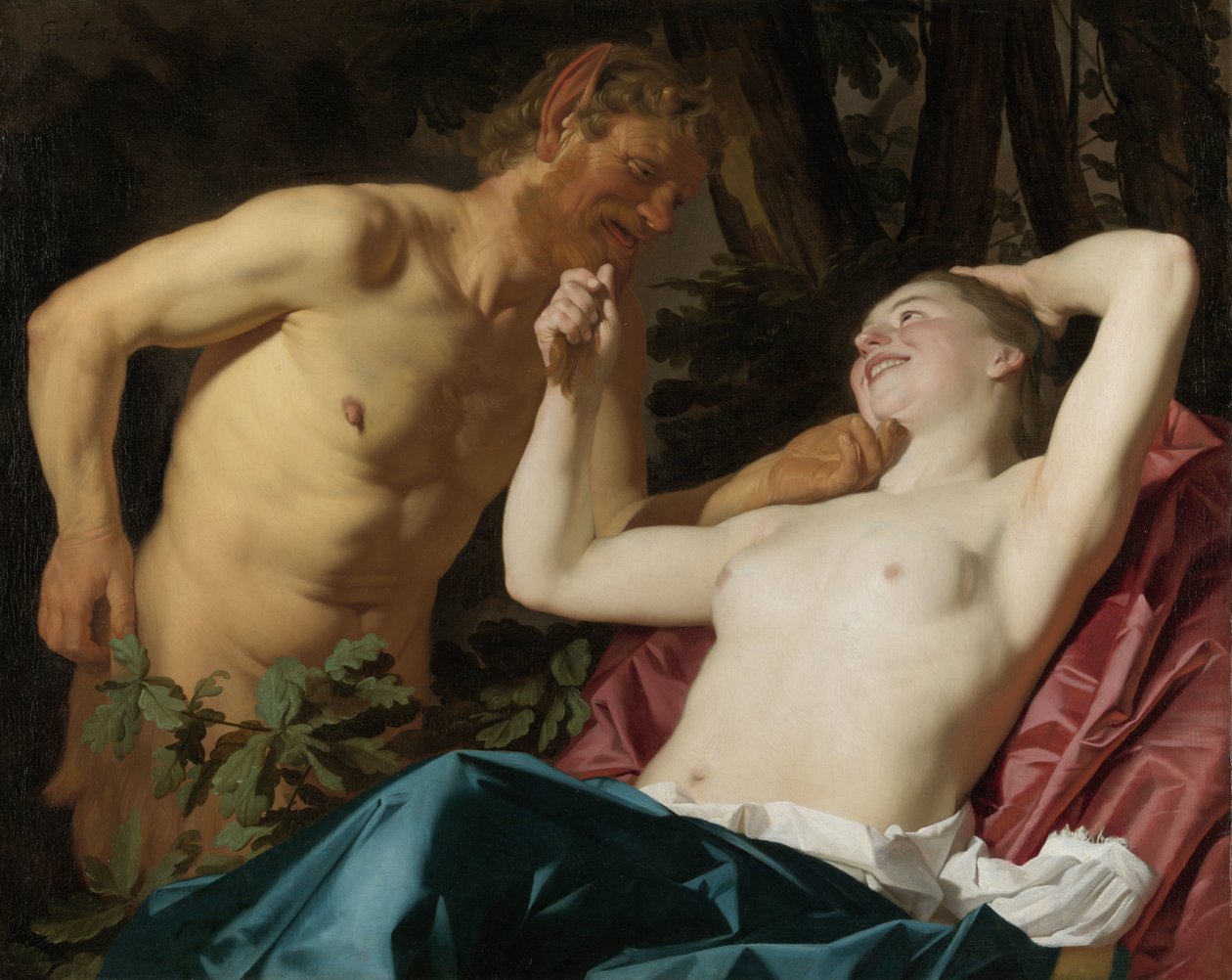 Satyr og nymfe av Gerard van Honthorst (signed by artist)