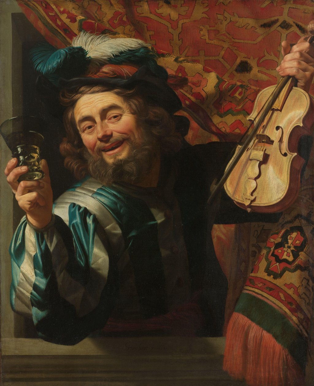 Den glade spelemannen Glad fiolinist med vinglass av Gerard van Honthorst