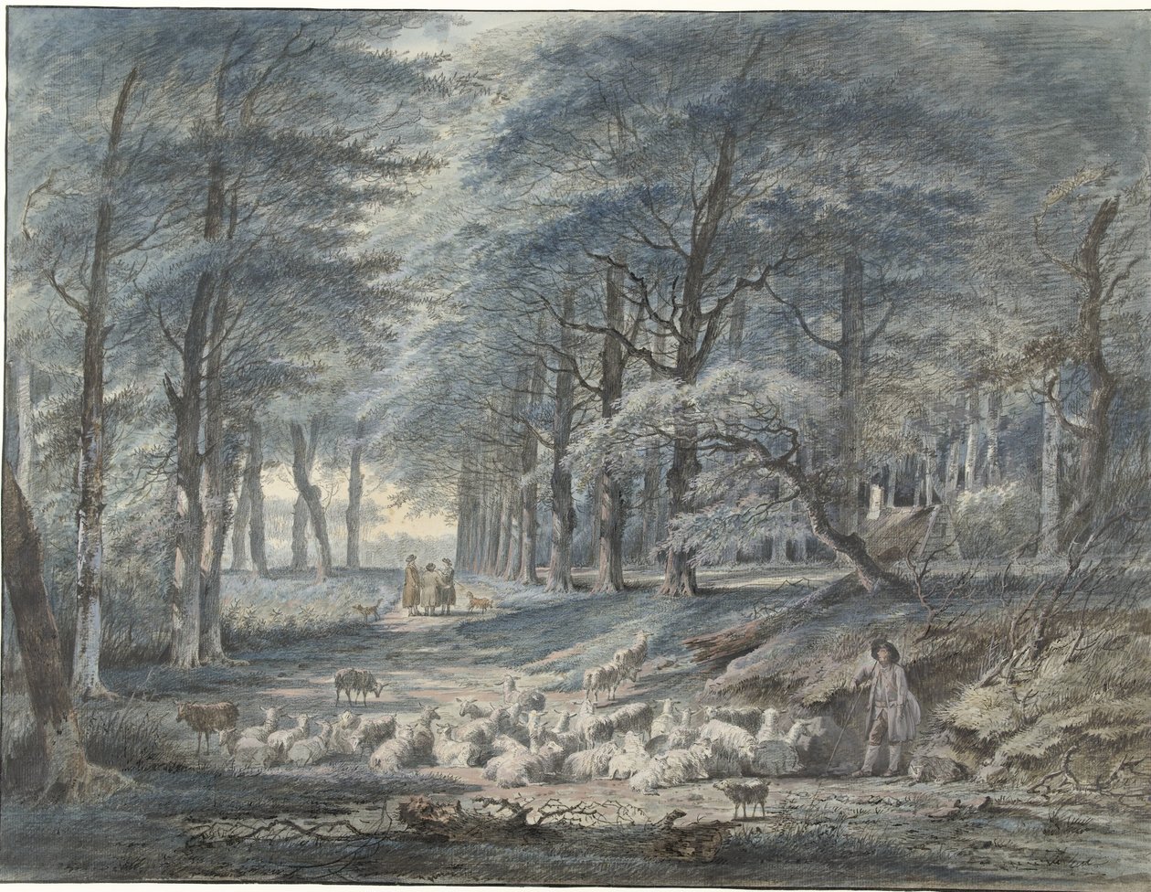 Skogscene med gjeter og sau og tre figurer av Gerard van Nijmegen