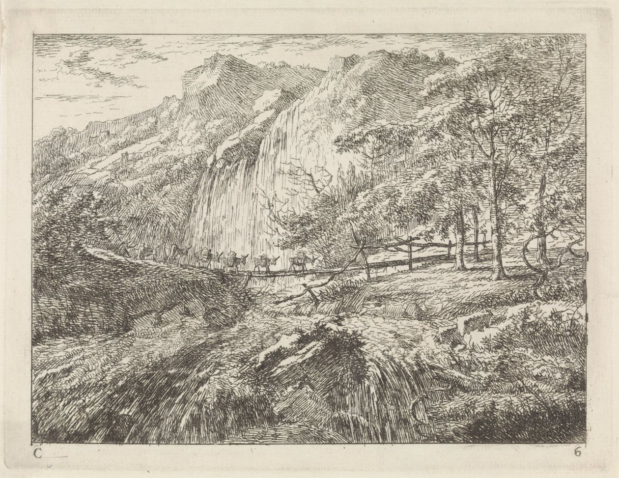 Pakk esler på en bro ved en foss Landskap (serie C) (serietittel) av Gerard van Nijmegen