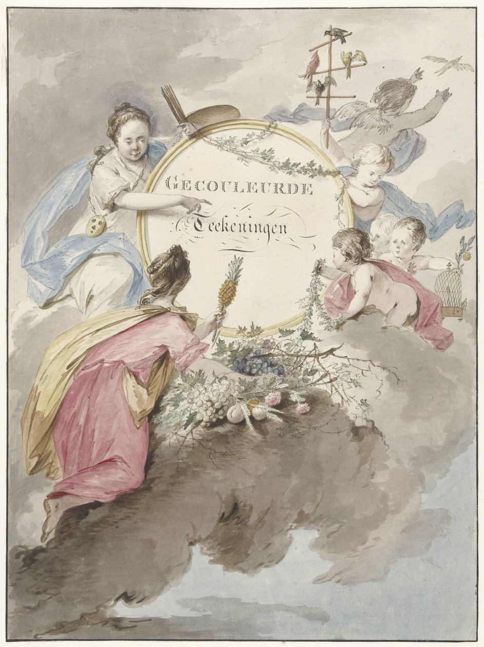Tittelside for kunstbok med fargede tegninger (tittel på objekt) av Gerard van Nijmegen