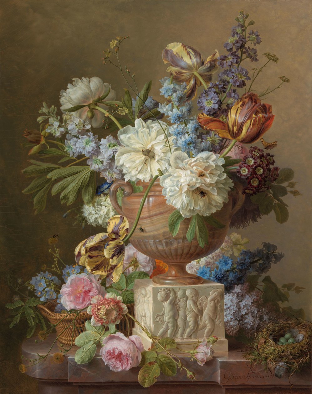 Blomsterstilleben med en alabastvase av Gerard van Spaendonck (signed by artist)