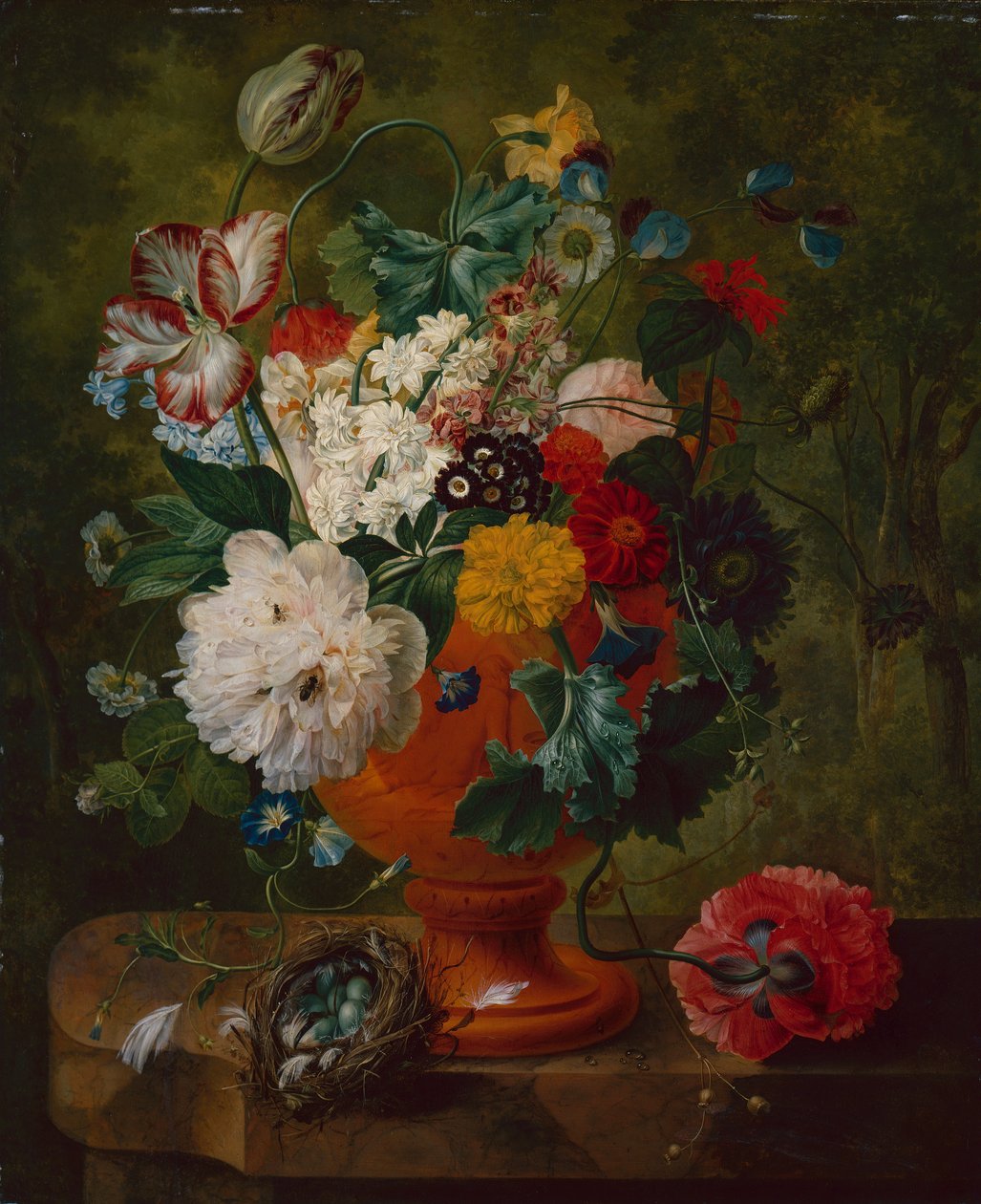 Sommerblomster i en urne med et fuglerede på en marmorhylle (olje på lerret) av Gerard van Spaendonck