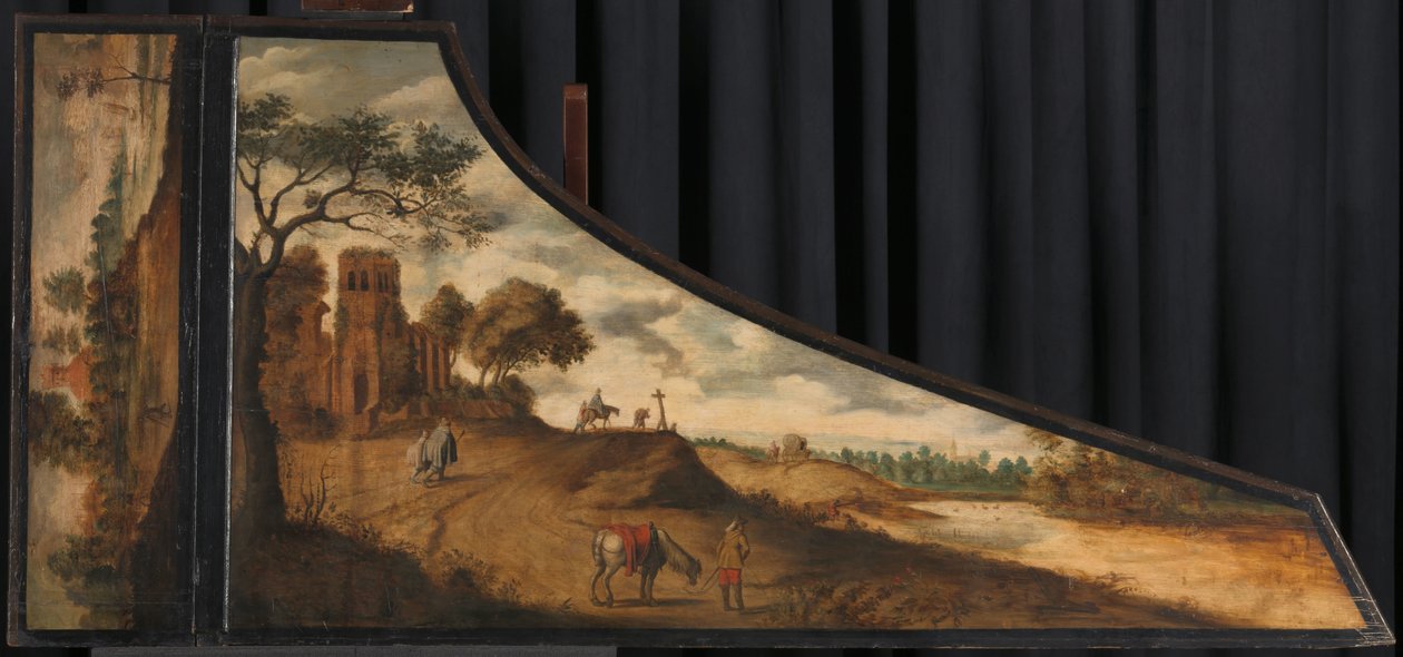 Lokk på en cembalo Maleri på cembalolokk med kupert landskap og reisende av Gerard van der Horst (copy after)