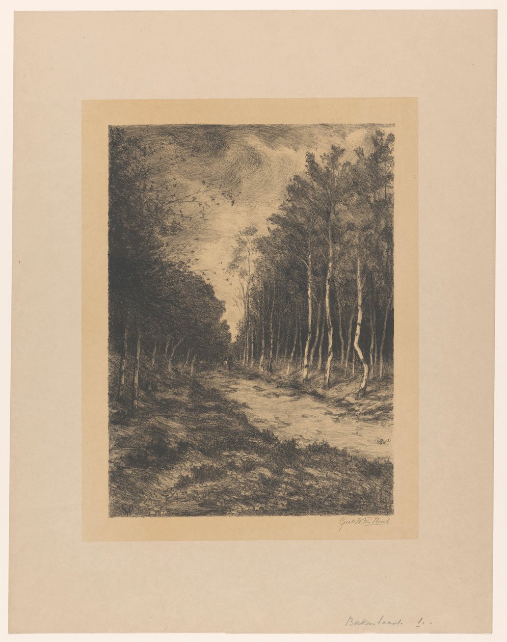 Skogsløype med to ryttere Berkenlaan (tittel på objekt) av Gerarda Wilhelmina ten Hoet (signed by artist)