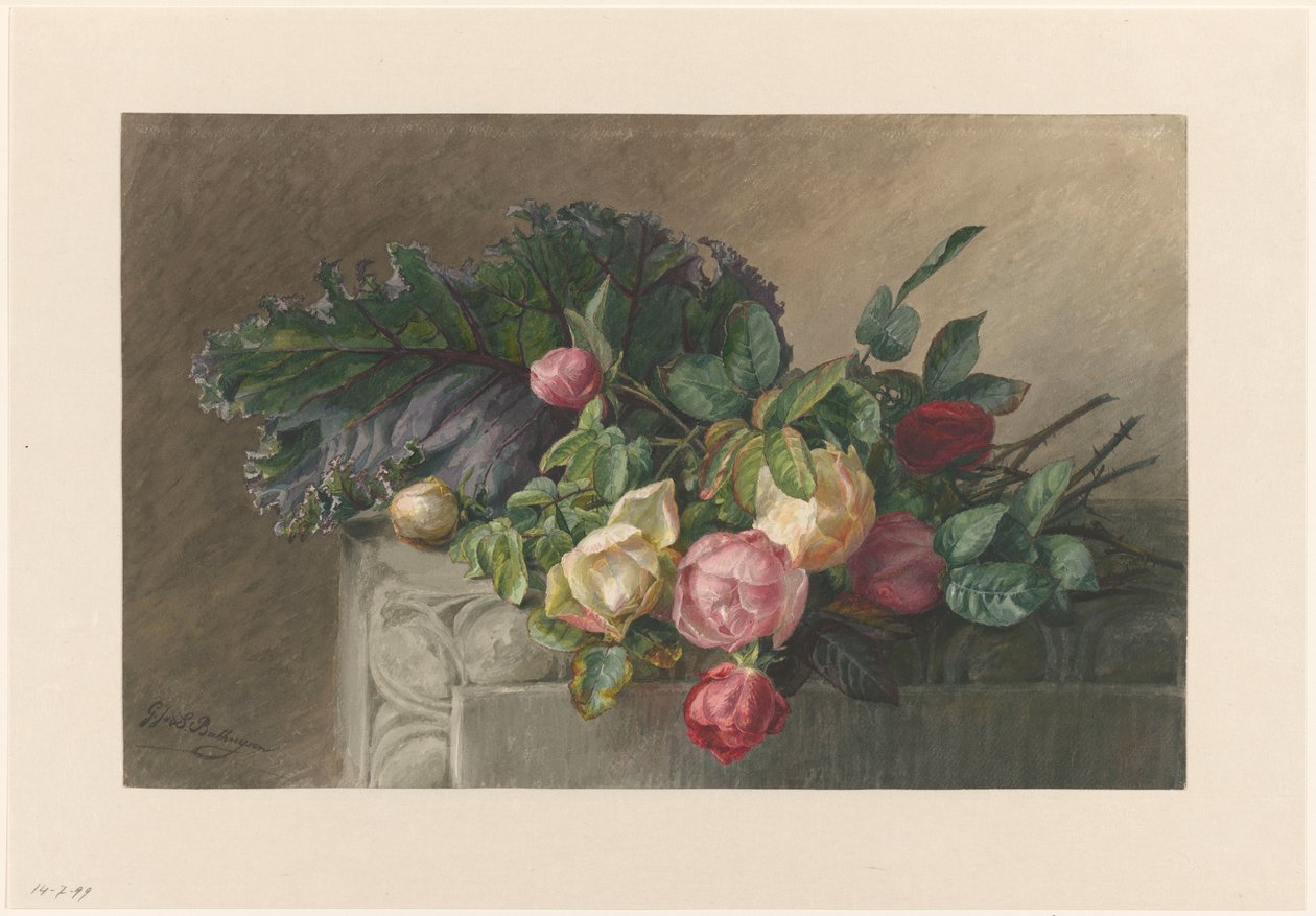 Stilleben med roser og kålblad av Gerardina Jacoba van de Sande Bakhuyzen