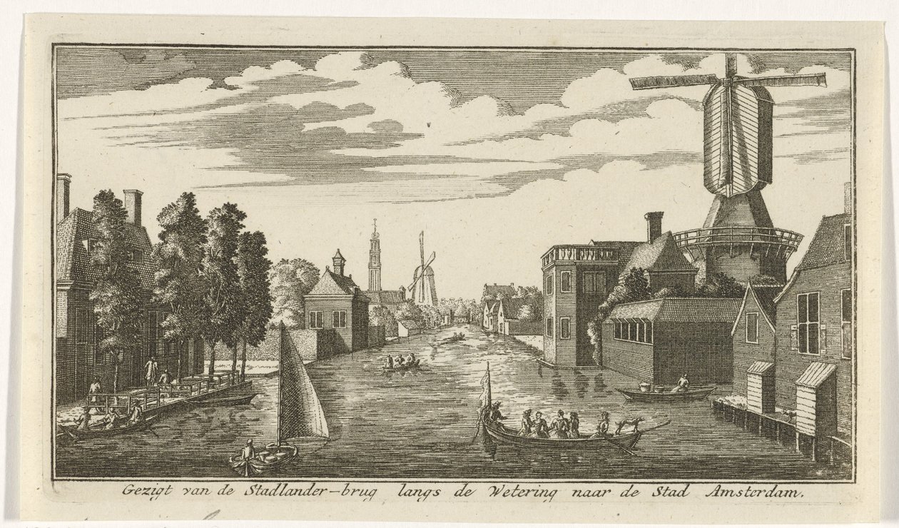 Utsikt langs Wetering på Amsterdam Utsikt fra Stadlander Bridge langs Wetering til City of Amsterdam (tittel på objekt) av Gerardus Condet