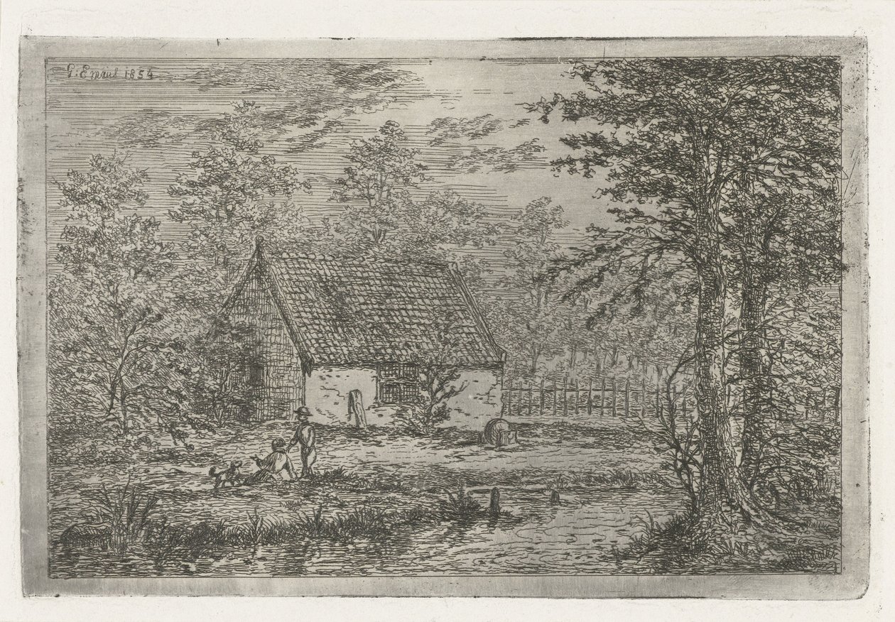 Par med hund på låven Fjøset til skogvokteren i Haag av Gerardus Emaus de Micault