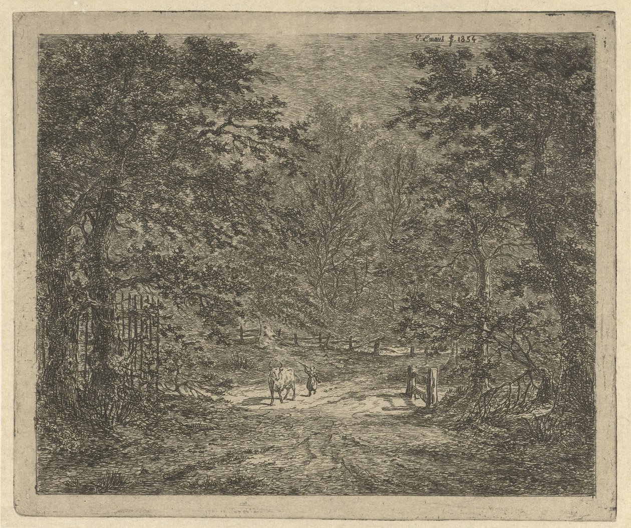 Gjeterinne med ku i skogen Kua i Bentheimskogen av Gerardus Emaus de Micault