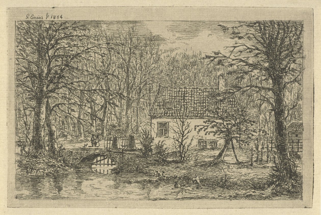 Hus med bro over grøft Jegerens hus i Haagsche Bosch av Gerardus Emaus de Micault