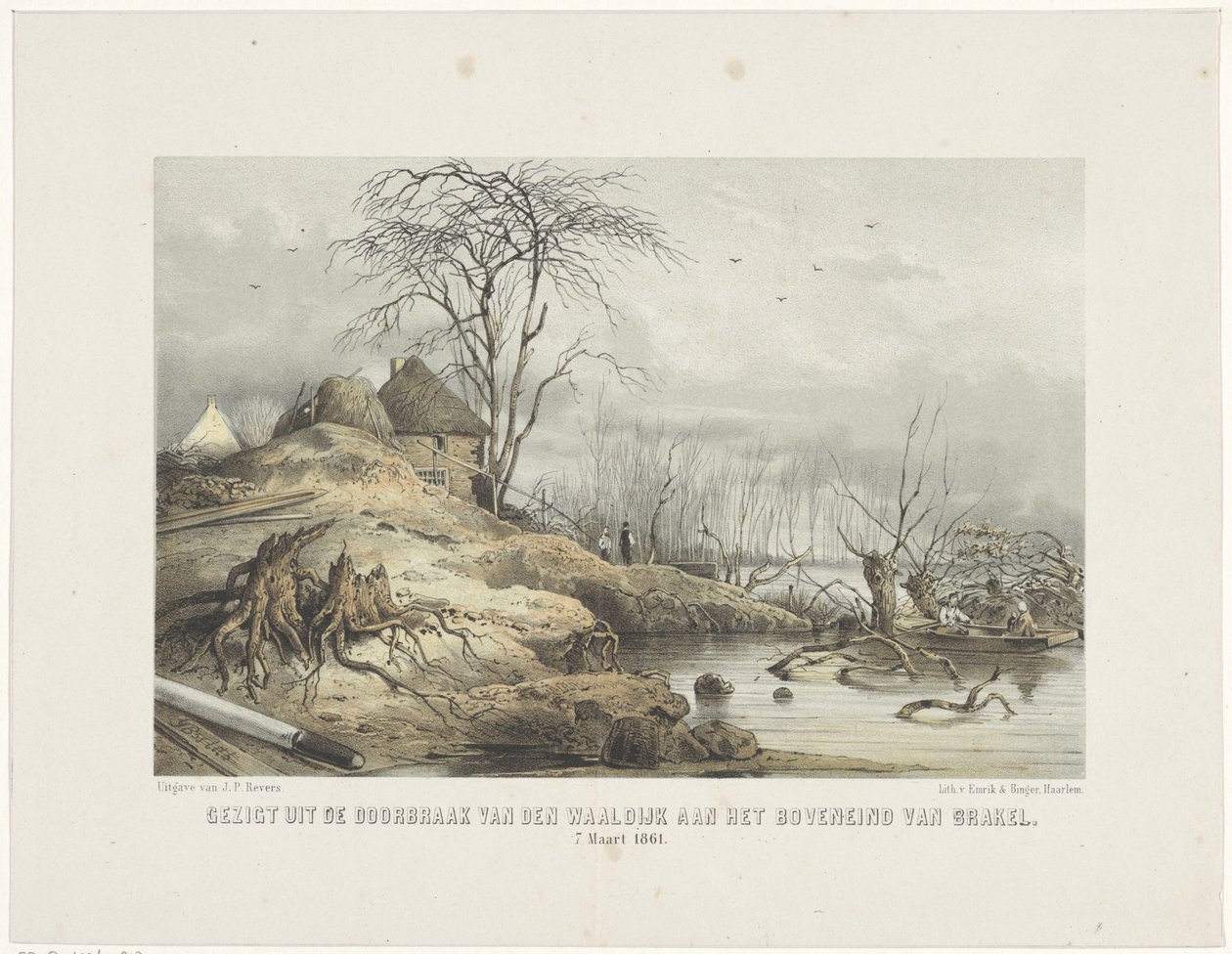 Gjennombrudd av Waaldijk Utsikt over den Waaldijks gjennombrudd på toppen av Brakel 7. mars 1801 (tittel på objekt) av Gerardus Johannes Bos