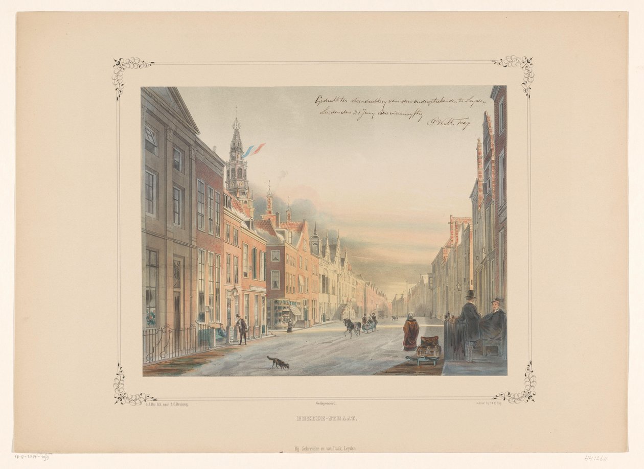 Utsikt over Breestraat i Leiden Breedestraat (tittel på objekt) av Gerardus Johannes Bos