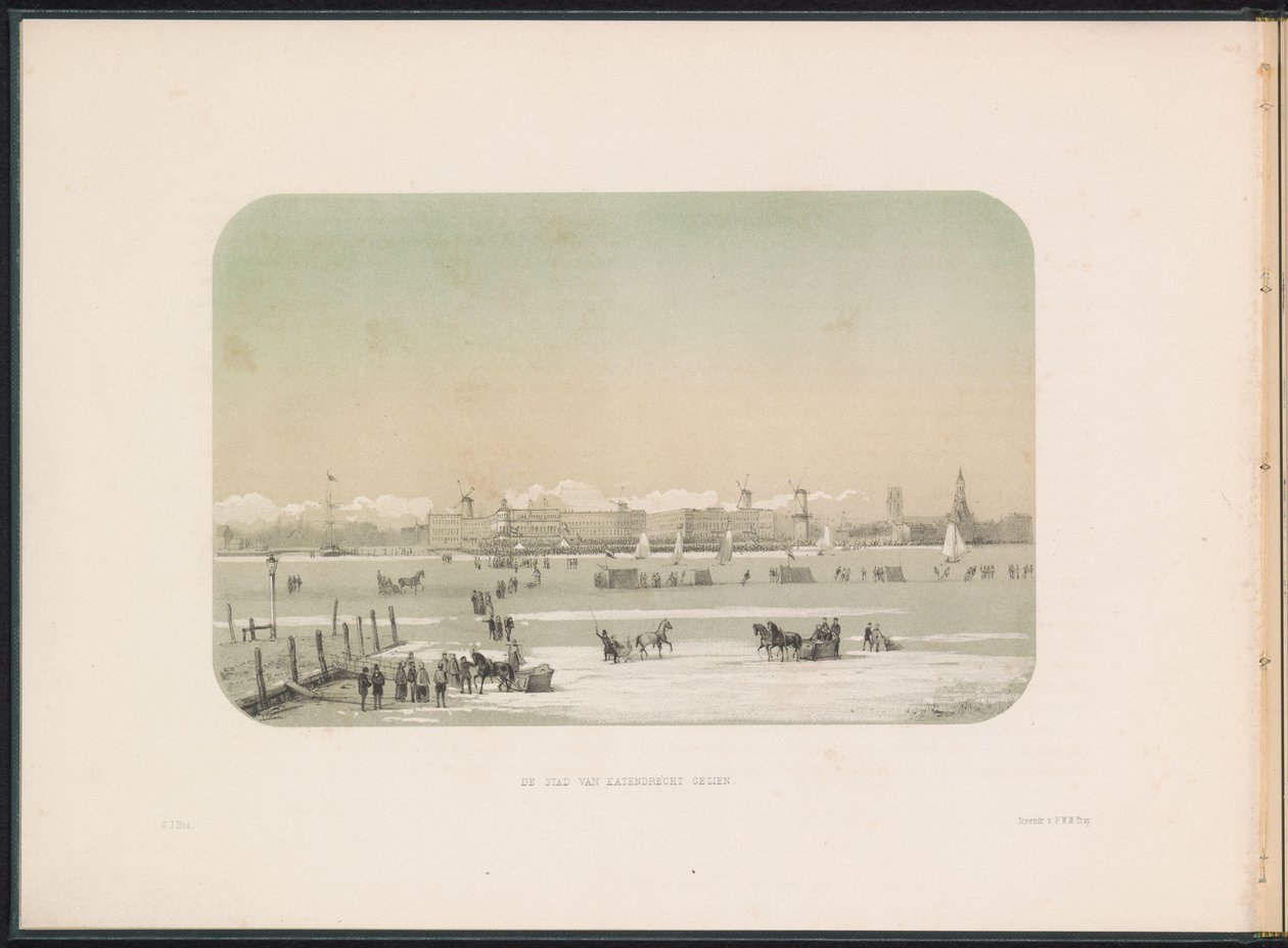 Isunderholdning på Maas i Rotterdam, sett fra Katendrecht, 1855 Byen Katendrecht sett (tittel på objekt) Isunderholdningen på Maas i Rotterdam i februar 1855, med bildetekster (serietittel på objekt) av Gerardus Johannes Bos
