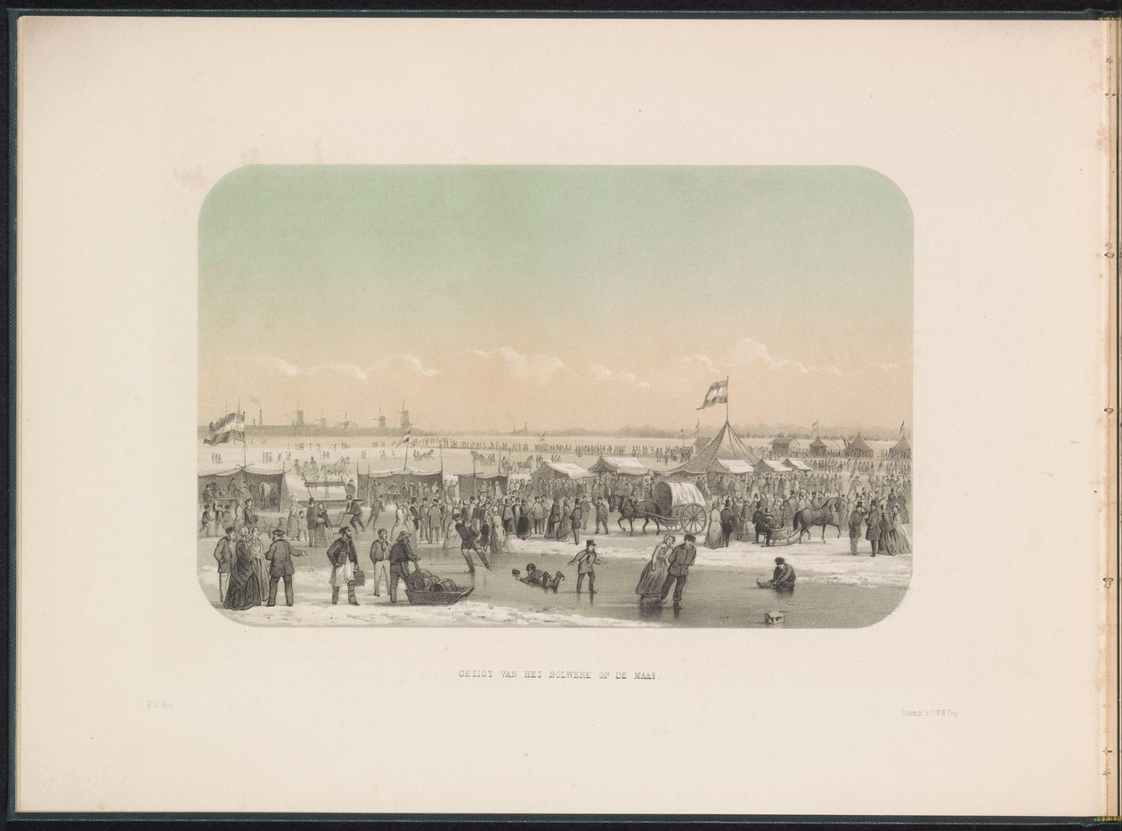 Isunderholdning på Maas i Rotterdam, sett fra bolverket, 1855 Gezigt van het bulwerk op Maas (tittel på objekt) Isunderholdning på Maas i Rotterdam i februar 1855, med bildetekster (serietittel på objekt) av Gerardus Johannes Bos