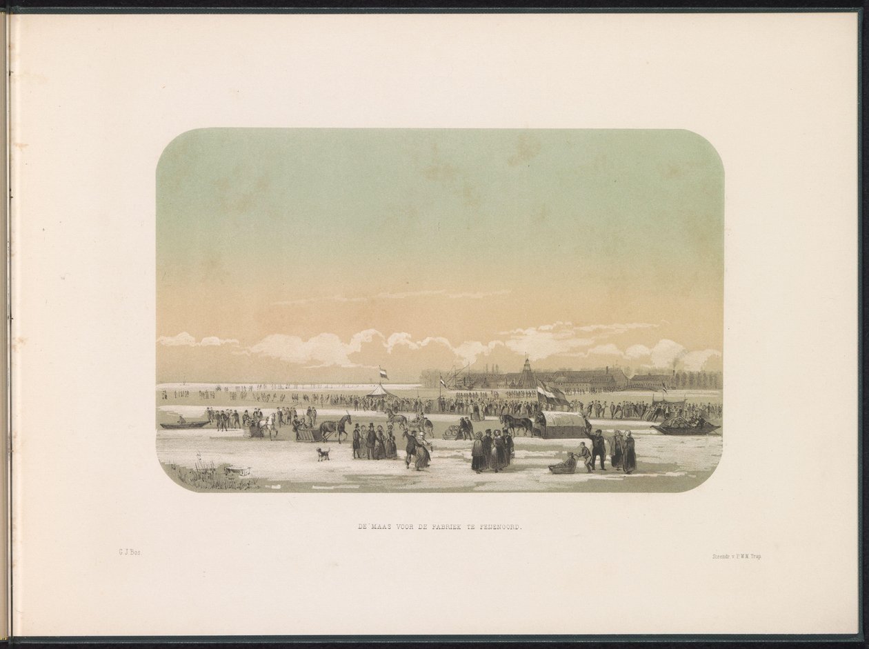 Isunderholdning på Maas i Rotterdam, i det fjerne fabrikken i Feijenoord, 1855 Maas foran fabrikken i Feijenoord (tittel på objekt) Isunderholdningen på Maas i Rotterdam i februar 1855, med bildetekster (serietittel på objekt) av Gerardus Johannes Bos