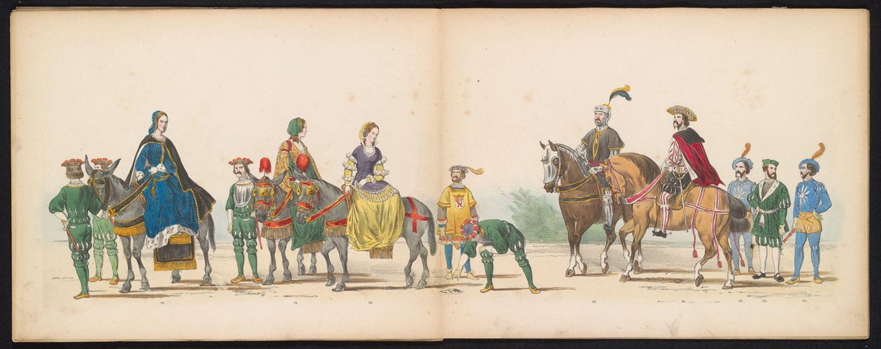 Maskerade av Leiden-studentene, 1855 (plate 10) Utkledd prosesjon holdt av medlemmene av Leiden studentkorps den 12. juni 1855, for å feire 280-årsjubileet for Leidsche Hoogeschool, som skildrer Karl Vs inntreden i av Gerardus Johannes Bos