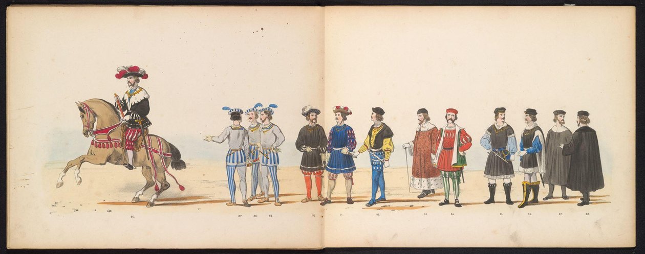 Maskerade av Leiden-studentene, 1855 (plate 11) Utkledd prosesjon holdt av medlemmene av Leiden studentkorps den 12. juni 1855, for å feire 280-årsjubileet for Leidsche Hoogeschool, som skildrer Karl Vs inntreden i av Gerardus Johannes Bos
