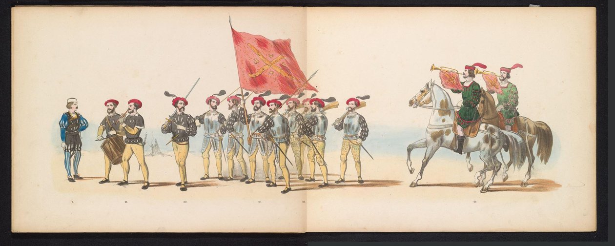Masquerade of the Leiden Students, 1855 (plate 12) Utkledd prosesjon holdt av medlemmene av Leiden studentkorps den 12. juni 1855, for å feire 280-årsjubileet for Leidsche Hoogeschool, som skildrer Karl Vs inntreden i av Gerardus Johannes Bos