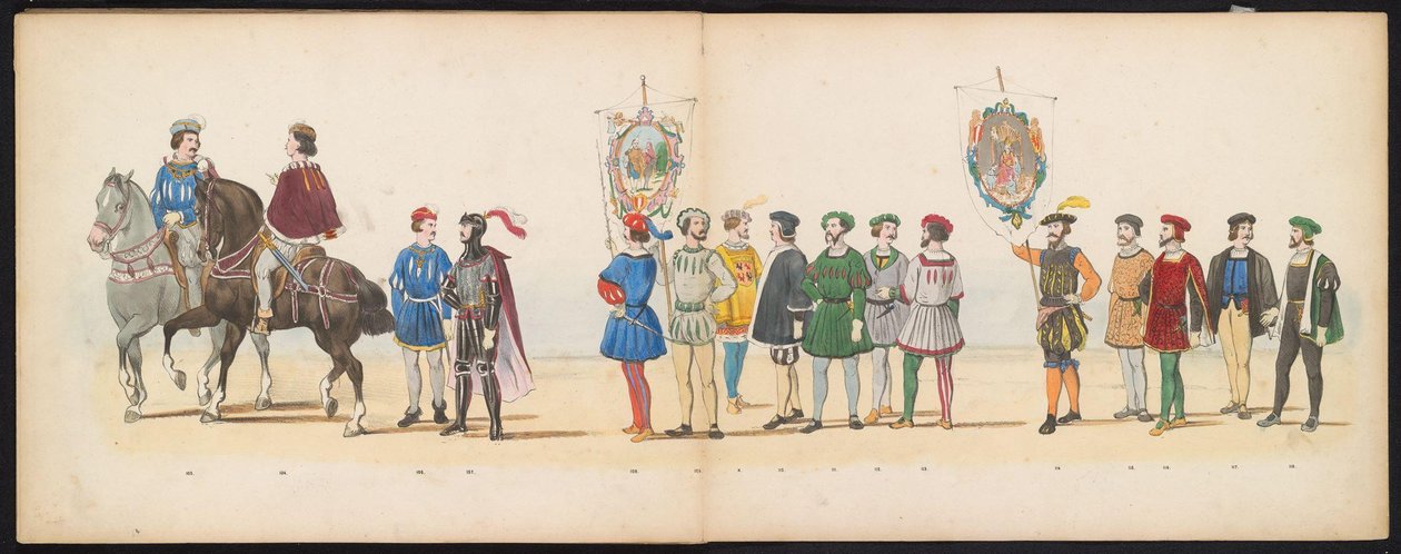 Maskerade av Leiden-studentene, 1855 (plate 13) Utkledd prosesjon holdt av medlemmene av Leiden studentkorps den 12. juni 1855, for å feire 280-årsjubileet for Leidsche Hoogeschool, som skildrer Karl Vs inntreden i av Gerardus Johannes Bos