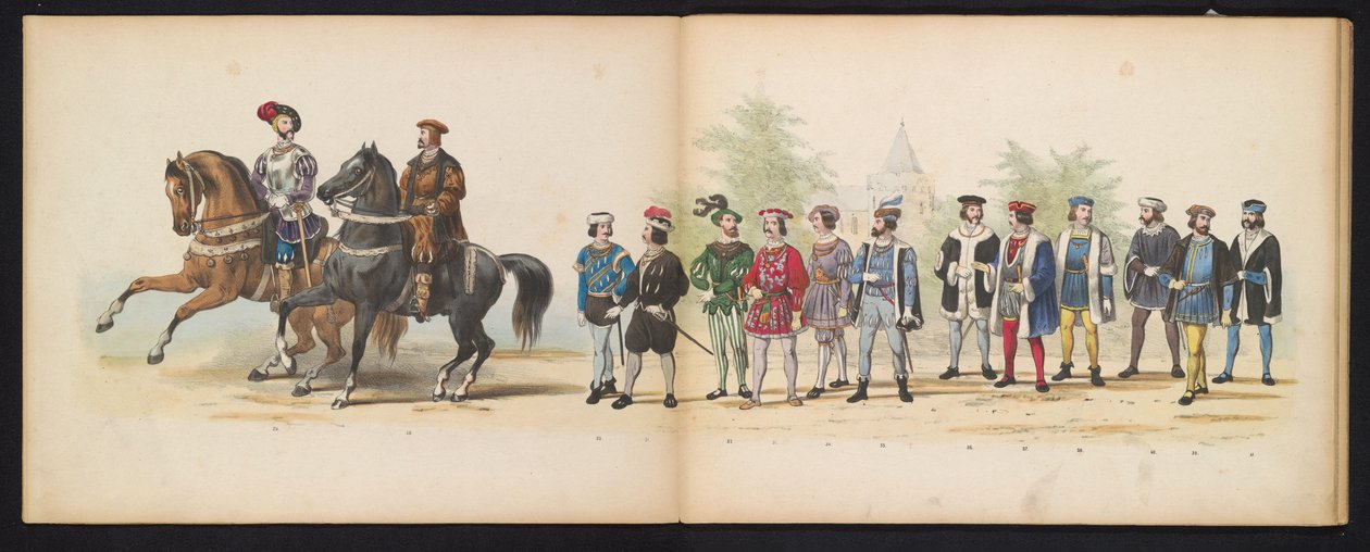 Masquerade of the Leiden Students, 1855 (plate 4) Utkledd prosesjon holdt av medlemmene av Leiden studentkorps den 12. juni 1855, for å feire 280-årsjubileet for Leidsche Hoogeschool, som skildrer Karl Vs inntreden i av Gerardus Johannes Bos