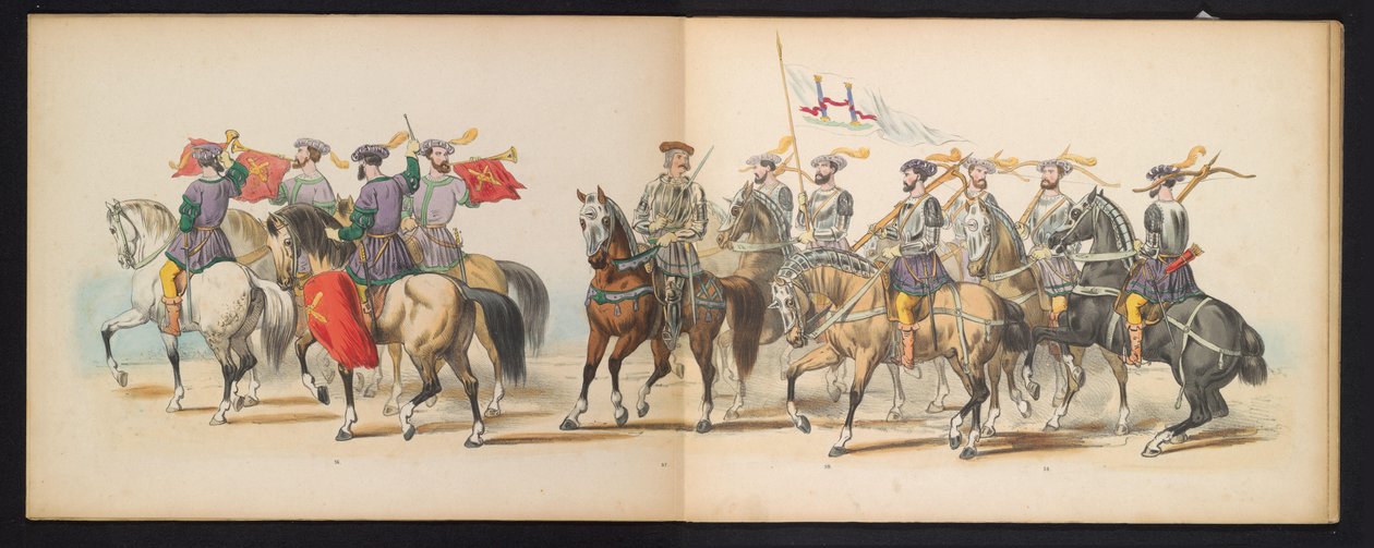 Masquerade of the Leiden Students, 1855 (plate 6) Utkledd prosesjon holdt av medlemmene av Leiden studentkorps den 12. juni 1855, for å feire 280-årsjubileet for Leidsche Hoogeschool, som skildrer Karl Vs inntreden i av Gerardus Johannes Bos
