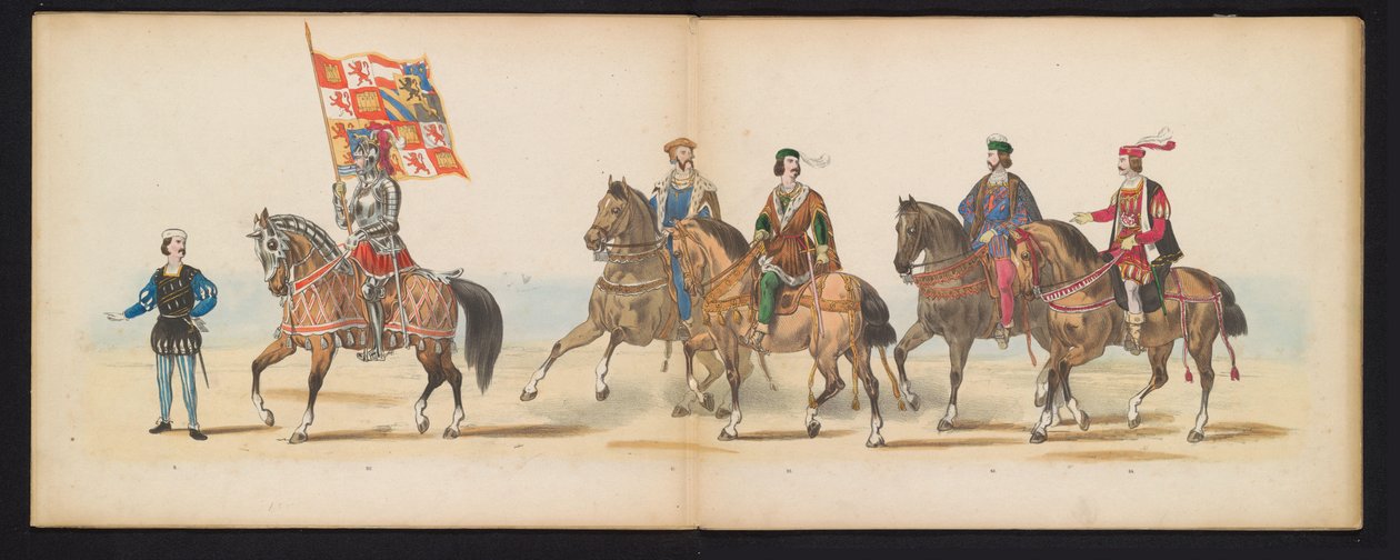 Maskerade av Leiden-studentene, 1855 (plate 7) Kostymert prosesjon holdt av medlemmene av Leiden studentkorps den 12. juni 1855, for å feire 280-årsjubileet for Leidsche Hoogeschool, som viser inngangen til Karel V i av Gerardus Johannes Bos