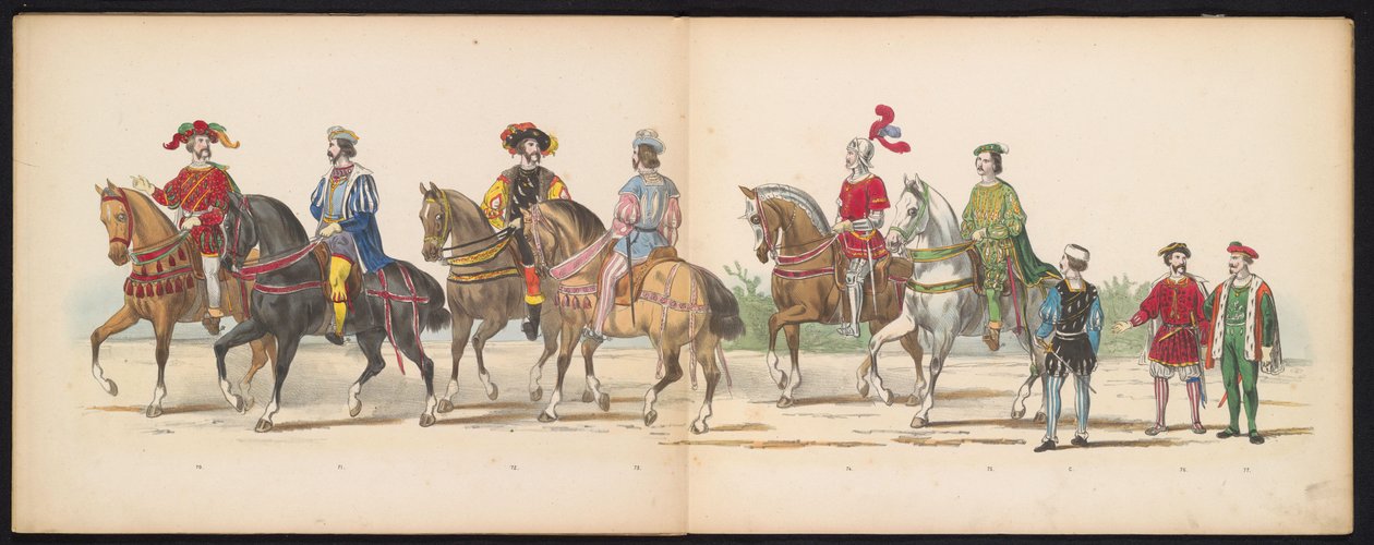 Maskerade av Leiden-studentene, 1855 (plate 9) Kostymert prosesjon holdt av medlemmene av Leiden studentkorps den 12. juni 1855, for å feire 280-årsjubileet for Leidsche Hoogeschool, som viser inngangen til Karel V i av Gerardus Johannes Bos
