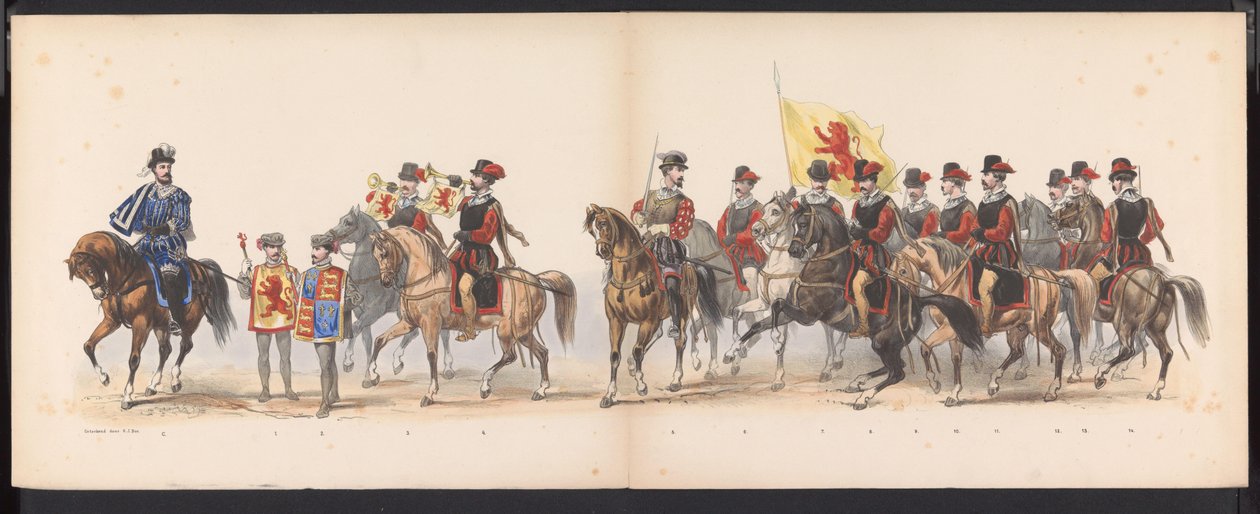 Maskerade av Leiden-studentene, 1870 (plate 1) Utkledd prosesjon holdt av medlemmene av Leiden studentkorps den 7. juni 1870, for å feire 295-årsjubileet for Leidsche Hoogeschool, som viser et besøk i Leiden i av Gerardus Johannes Bos