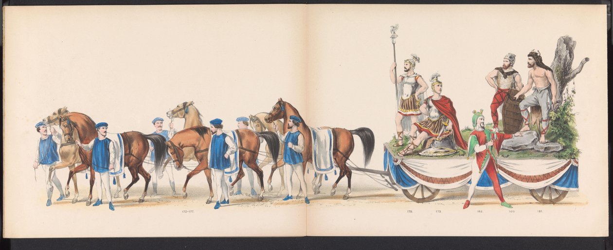 Masquerade of the Leiden Students, 1870 (plate 15) Utkledd prosesjon holdt av medlemmene av Leiden studentkorps den 7. juni 1870, for å feire 295-årsjubileet for Leidsche Hoogeschool, som viser et besøk i Leiden i av Gerardus Johannes Bos