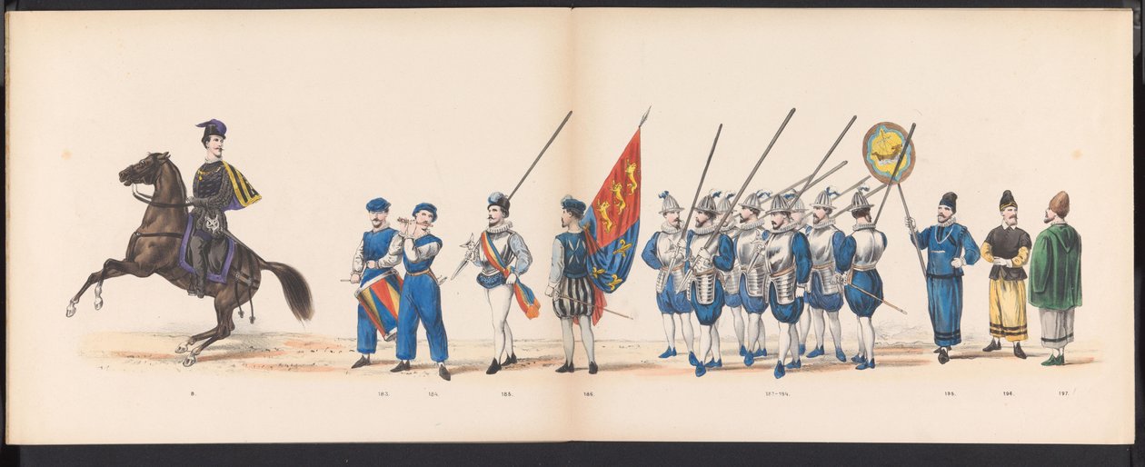 Maskerade van de Leidse studenten, 1870 (plaat 16) Gecostumeerde optogt gehouden door de leden van het Leidsche studentencorps den 7den Junij 1870, ter viering van den 295sten verjaardag der Leidsche Hoogeschool, voorstellende bezoek gebragt aan Leiden in  av Gerardus Johannes Bos