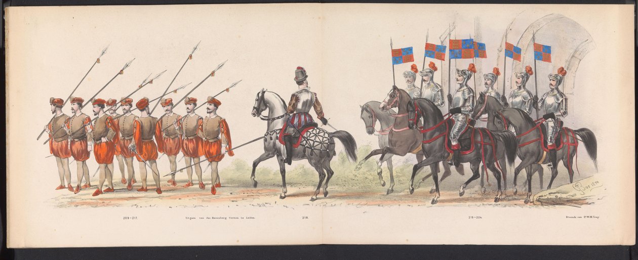 Masquerade of the Leiden Students, 1870 (plate 18) Utkledd prosesjon holdt av medlemmene av Leiden studentkorps den 7. juni 1870, for å feire 295-årsjubileet for Leidsche Hoogeschool, som viser et besøk i Leiden i av Gerardus Johannes Bos