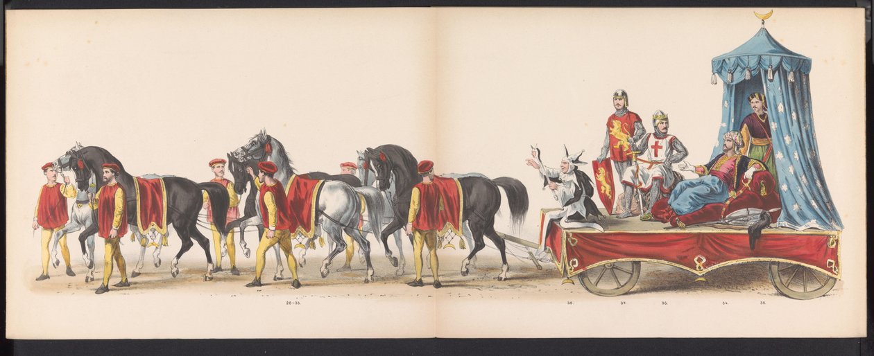 Maskerade av Leiden-studentene, 1870 (plate 3) Utkledd prosesjon holdt av medlemmene av Leiden studentkorps den 7. juni 1870, for å feire 295-årsjubileet for Leidsche Hoogeschool, som viser et besøk i Leiden i av Gerardus Johannes Bos