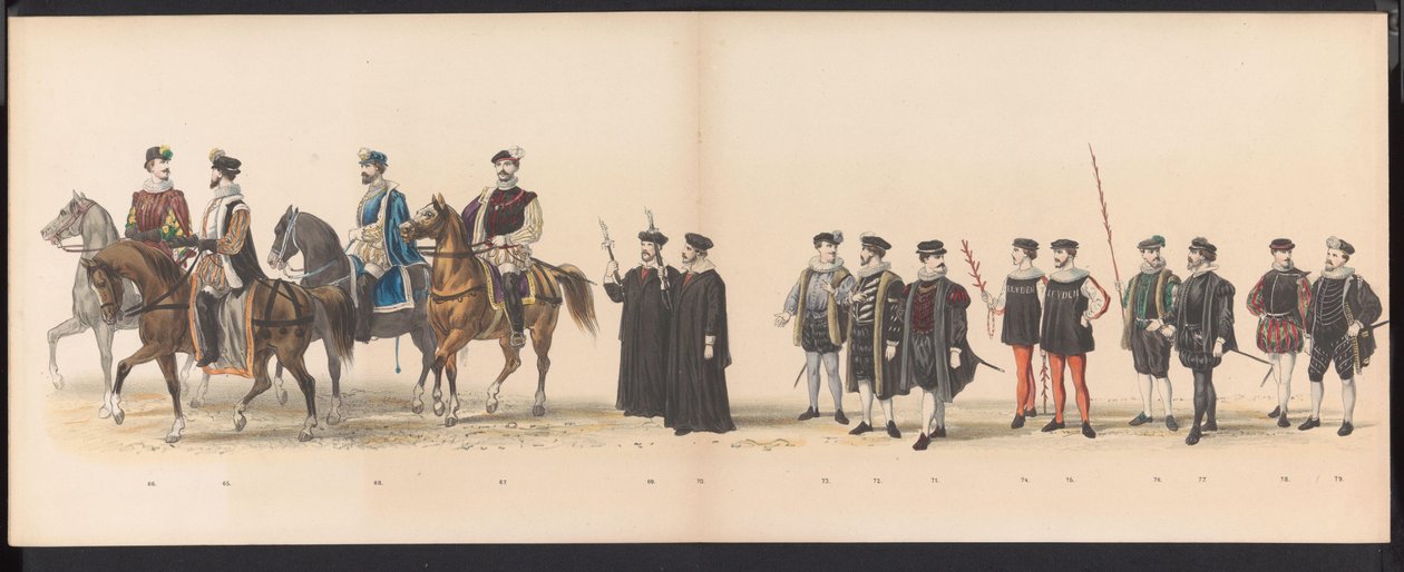 Masquerade of the Leiden Students, 1870 (plate 6) Utkledd prosesjon holdt av medlemmene av Leiden studentkorps den 7. juni 1870, for å feire 295-årsjubileet for Leidsche Hoogeschool, som viser et besøk i Leiden i av Gerardus Johannes Bos