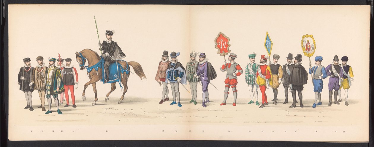 Maskerade av Leiden-studentene, 1875 (plate 2) Maskerade holdt av medlemmene av Leiden studentkorps den 15. juni 1875 for å feire 300-årsjubileet for Leidsche Hoogeschool, avbildet Leidsche Hoogeschool, avbildet i av Gerardus Johannes Bos