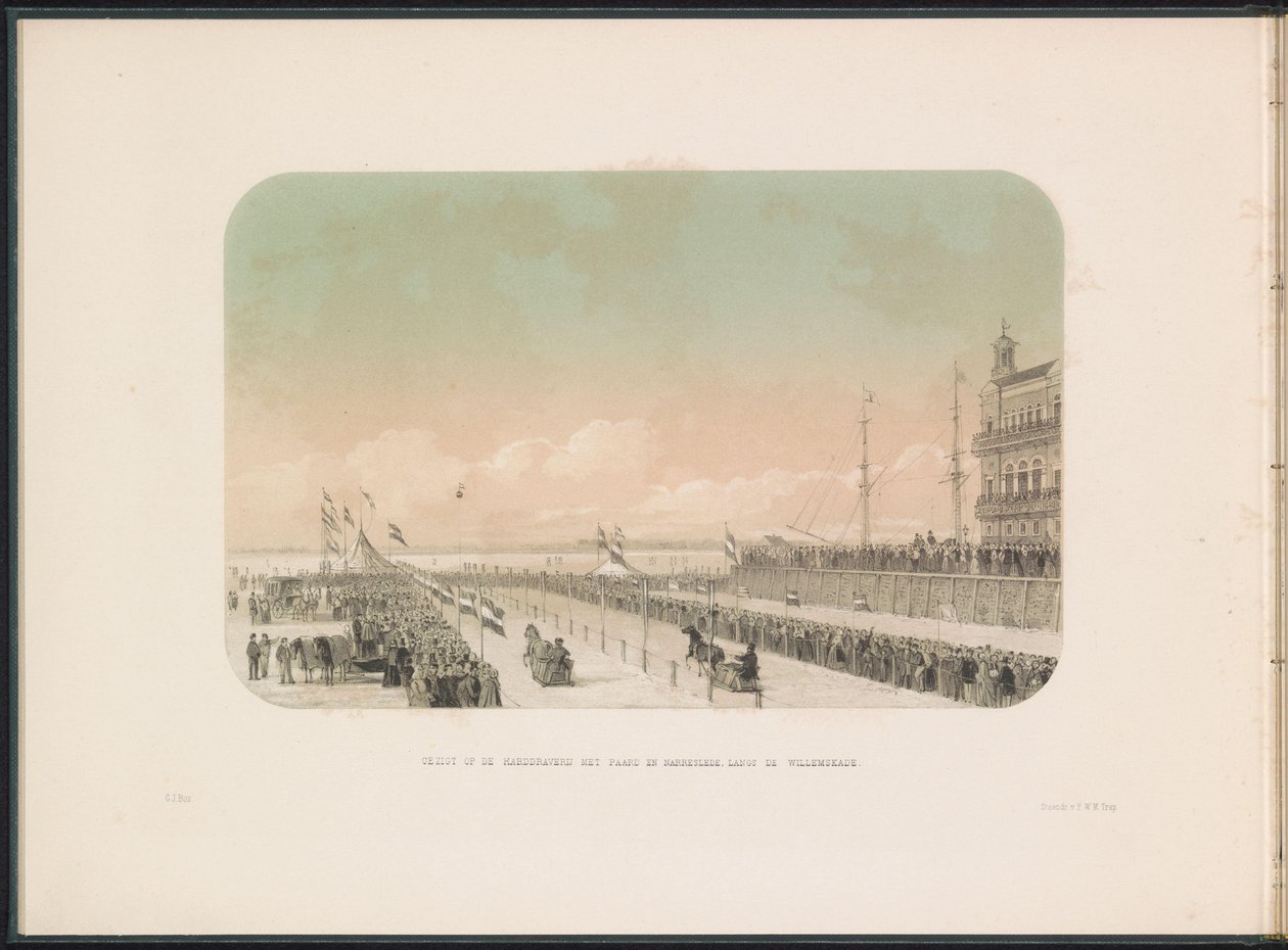 Race for hestevogner på Maas i Rotterdam, 1855 Utsikt over seleløpet med heste- og narreslede langs Willemskade (tittel på objektet) Isunderholdningen på Maas i Rotterdam i februar 1855, med bildetekster (serietittel på objekt) av Gerardus Johannes Bos